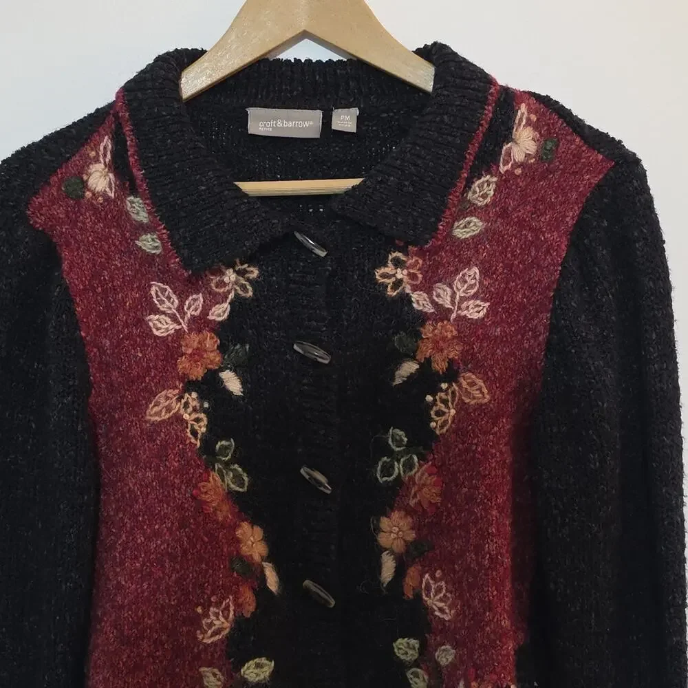 Croft & Barrow Black Red Wool Floral Yarn Embroidered Cardigan Sweater Womens PM